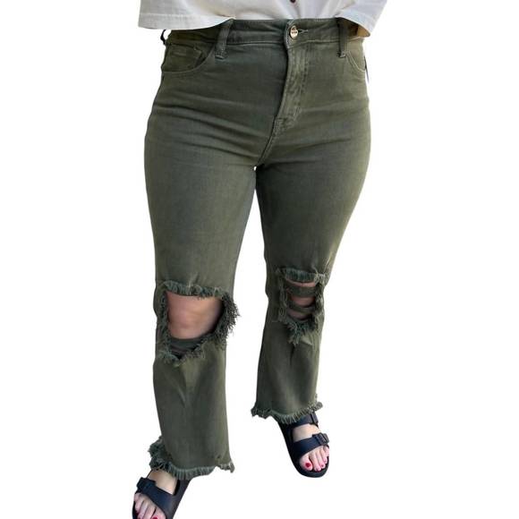 NEW RISEN distressed crop jeans in moss - Picture 1 of 3